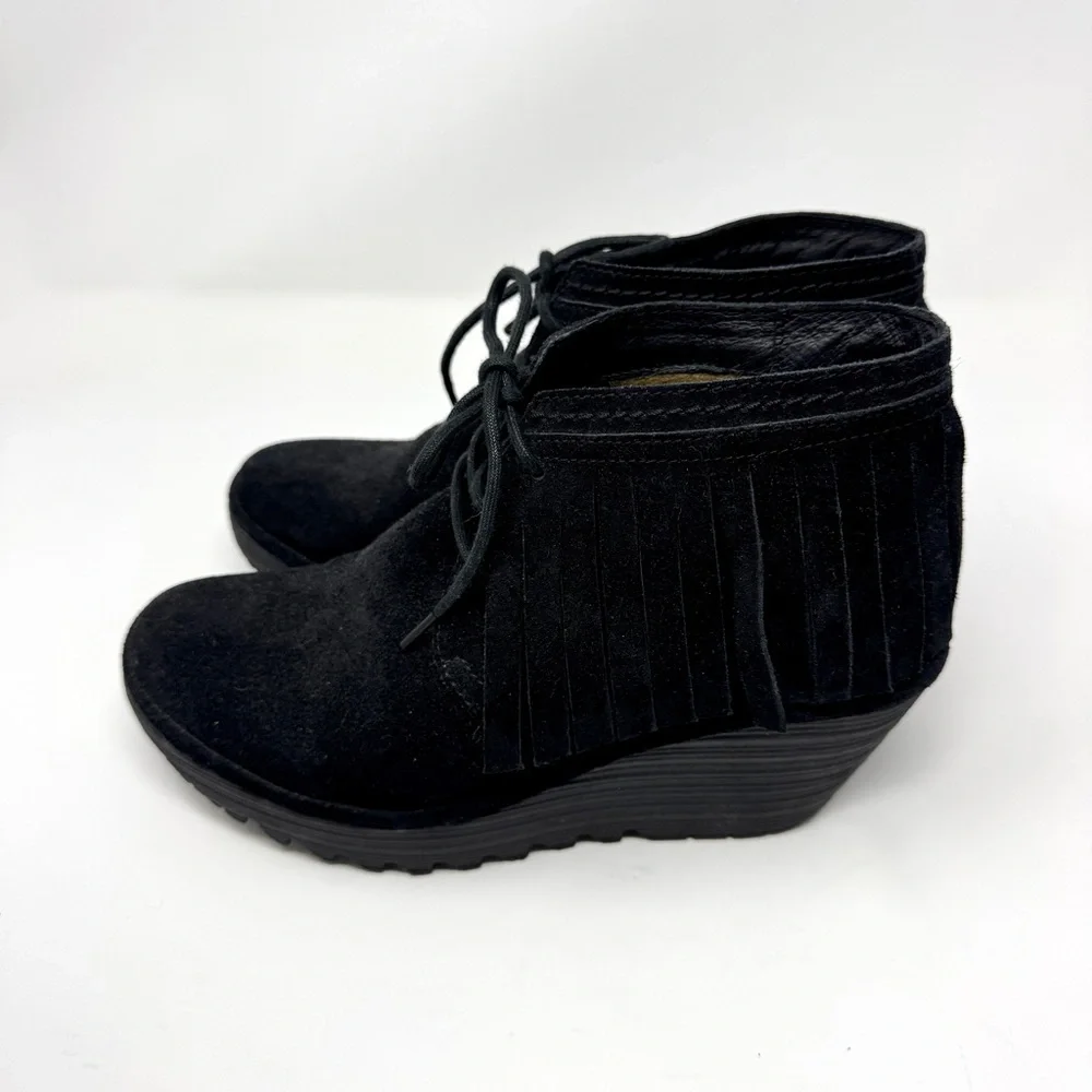 Fly London Yank Black Suede Fringe Wedge Ankle Boots Lace-Up Boho Booties